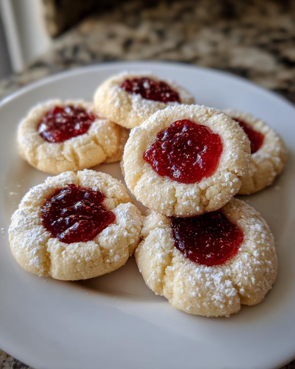 A plate holding several soft raspberry thumbprint cookies dusted generously with powdered sugar.