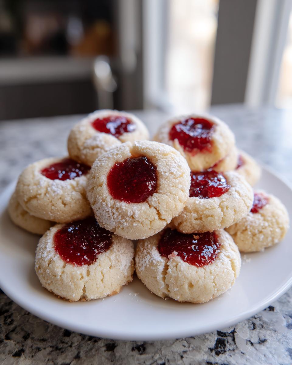 A stack of freshly baked raspberry thumbprint cookies dusted with powdered sugar on a white plate.