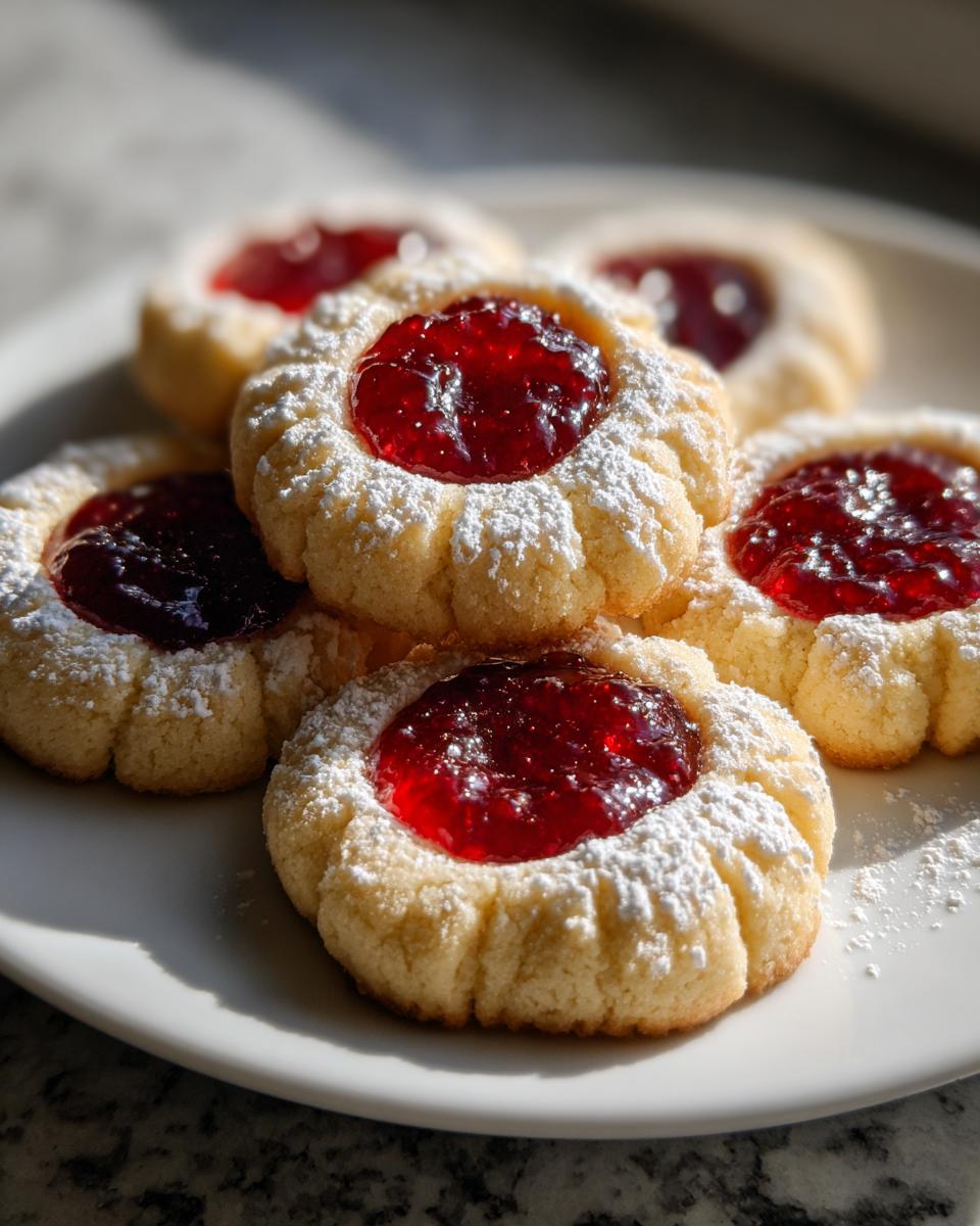 A stack of delicious raspberry thumbprint cookies dusted with powdered sugar on a white plate.