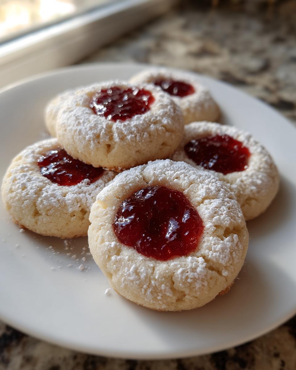 A plate of freshly baked raspberry thumbprint cookies dusted generously with powdered sugar.