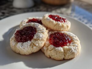 Four delicious raspberry thumbprint cookies dusted with powdered sugar, sitting on a white plate in bright sunlight.