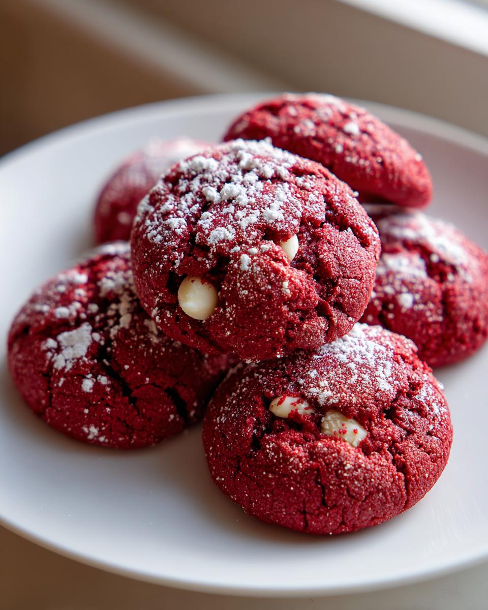 A stack of vibrant red velvet cake mix cookies topped with powdered sugar and white chocolate chips.