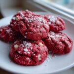 A stack of vibrant red velvet cake mix cookies dusted heavily with powdered sugar on a white plate.