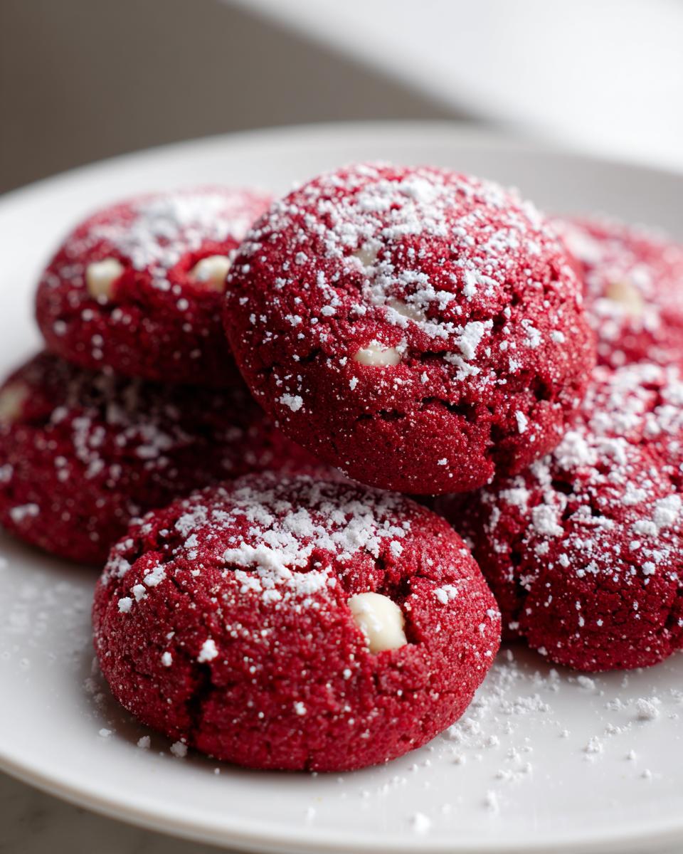 A stack of vibrant red velvet cake mix cookies dusted heavily with powdered sugar and featuring white chocolate chips.