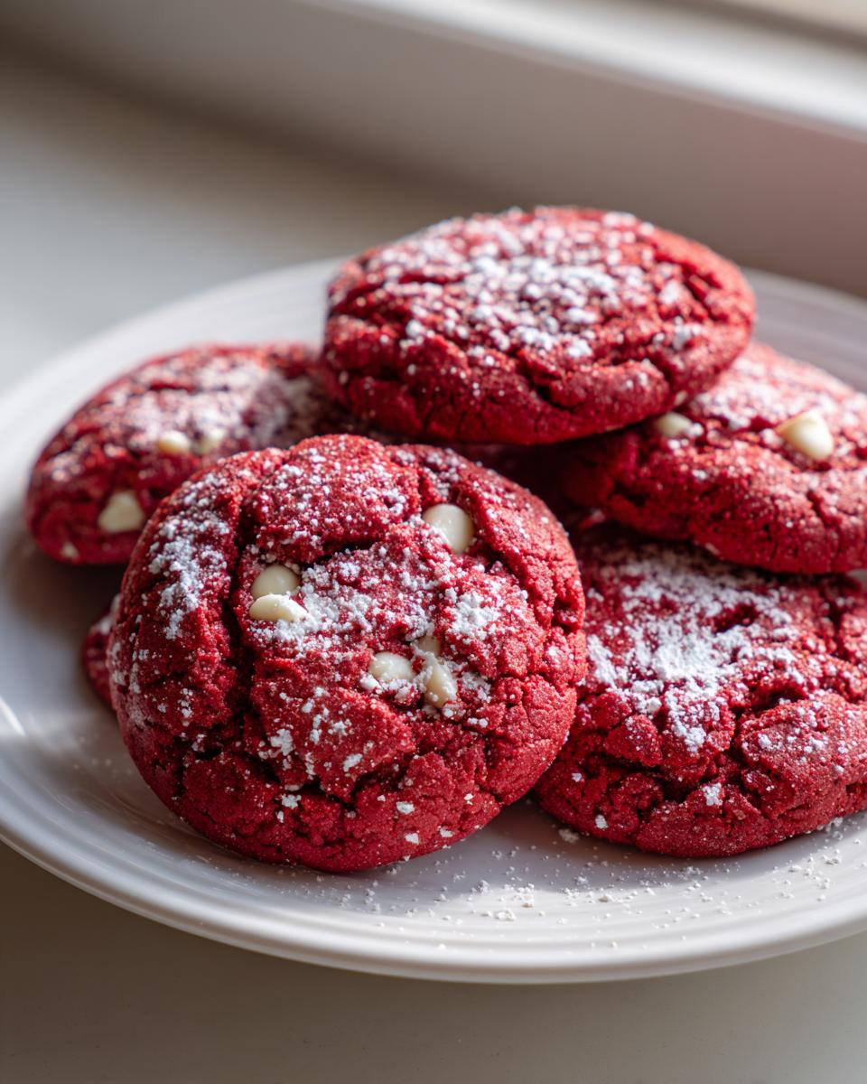 A stack of vibrant red velvet cake mix cookies topped with powdered sugar and white chocolate chips.