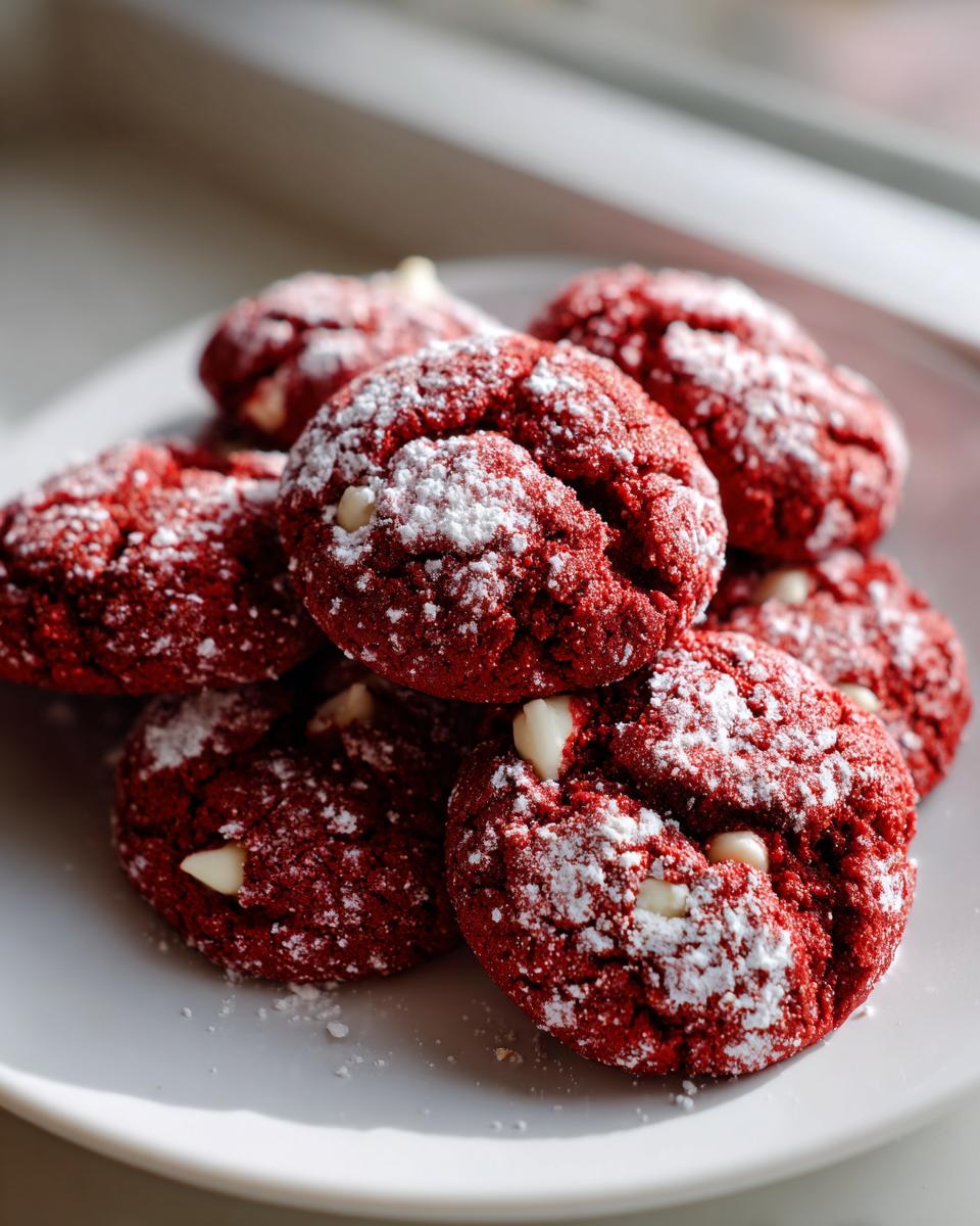 A stack of vibrant red velvet cake mix cookies dusted with powdered sugar and featuring white chocolate chips.