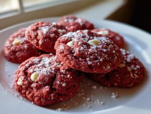 A stack of vibrant red velvet cake mix cookies topped with powdered sugar and white chocolate chips.