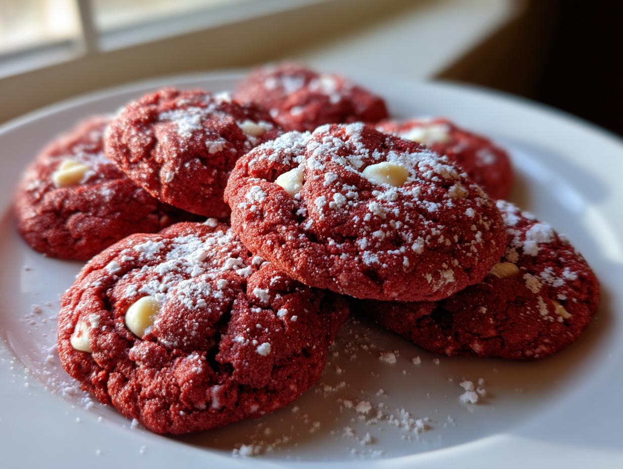 A stack of vibrant red velvet cake mix cookies topped with powdered sugar and white chocolate chips.