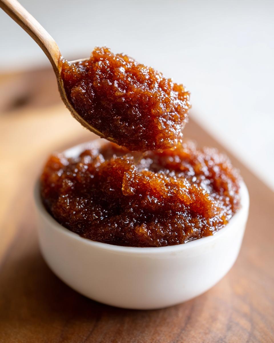 A spoonful of thick, dark brown pear butter being lifted from a small white bowl.