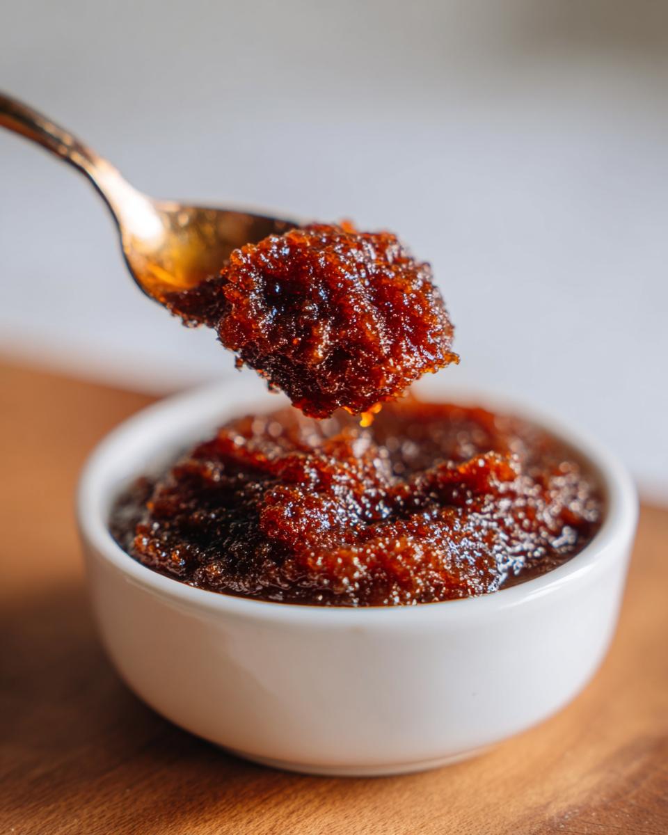 A spoonful of thick, dark brown pear butter being lifted from a small white bowl.