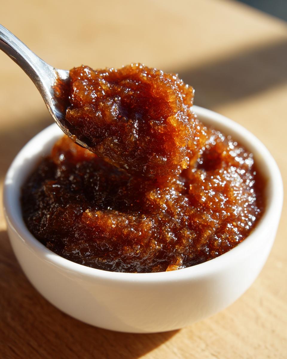 A spoonful of rich, dark brown pear butter being lifted from a small white bowl.