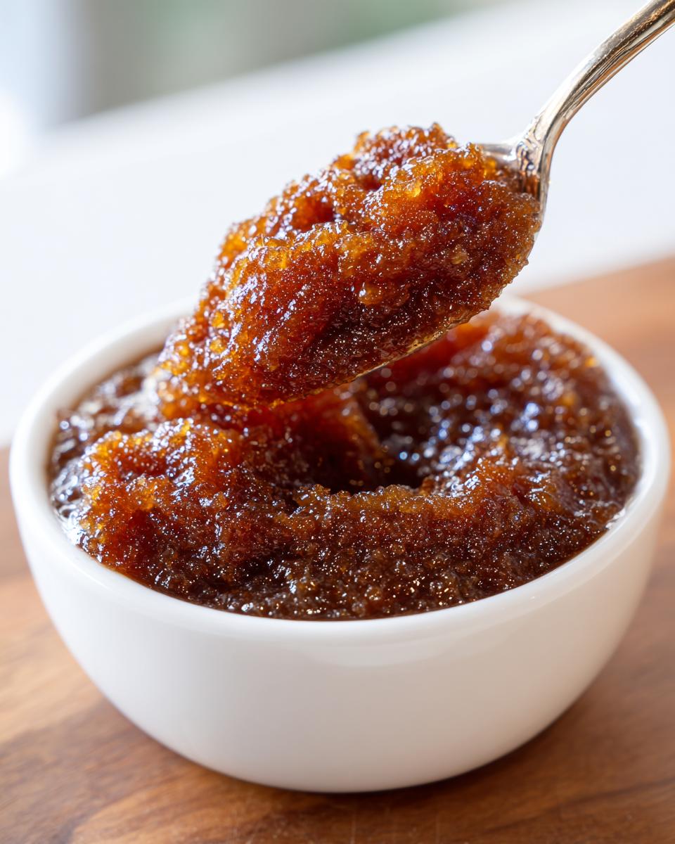 A spoonful of thick, dark brown pear butter being lifted from a white bowl.
