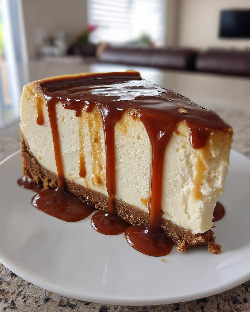 A perfect slice of creamy salted caramel cheesecake topped with rich caramel sauce dripping down the sides.