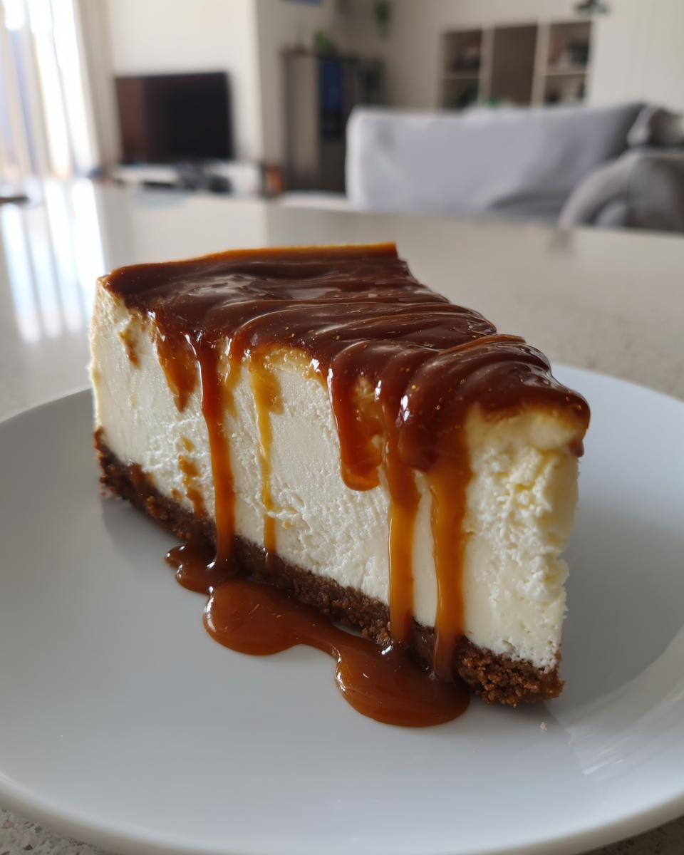 A thick slice of creamy salted caramel cheesecake topped with a rich, dripping caramel sauce.