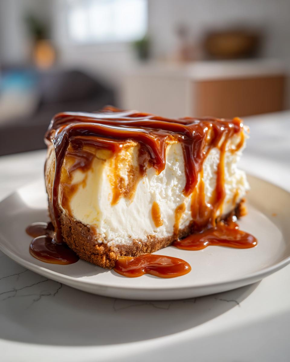 A tempting slice of creamy salted caramel cheesecake topped with rich caramel sauce.