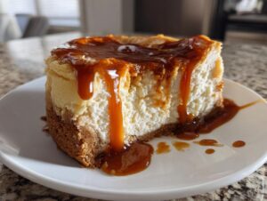 Close-up of a thick slice of creamy salted caramel cheesecake topped with rich caramel sauce dripping down the sides.