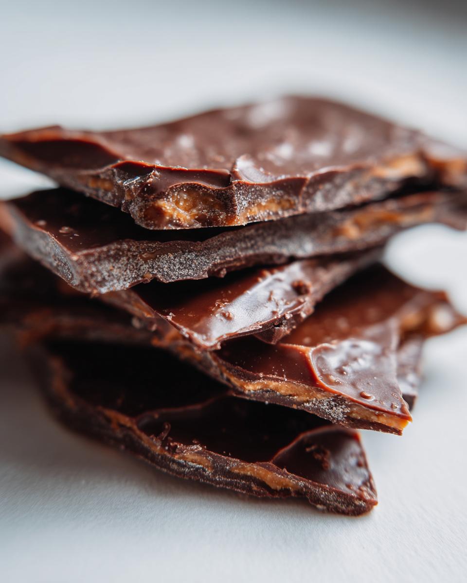 Close-up stack of broken pieces of rich saltine cracker toffee showing the dark chocolate and caramel layer.