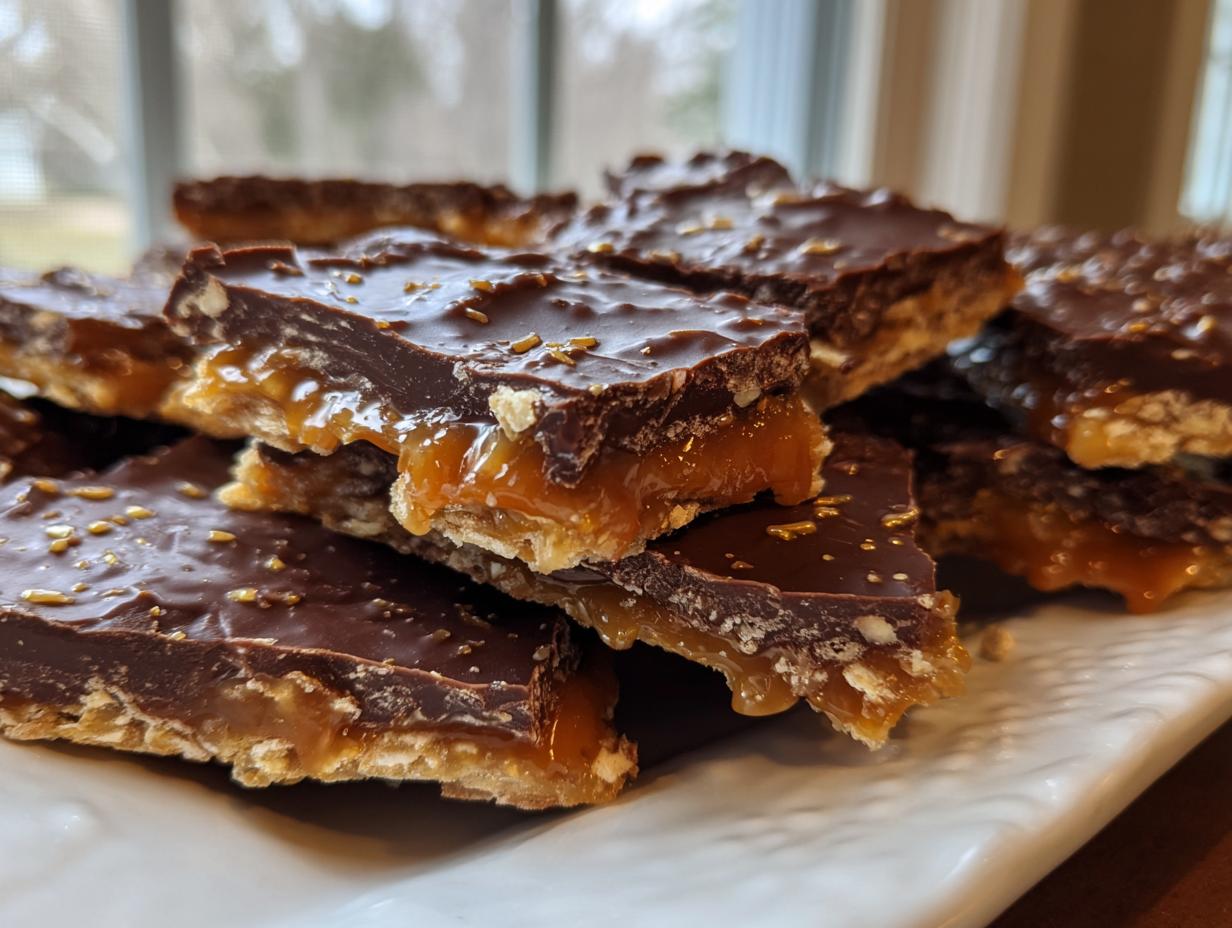 Close-up of stacked pieces of homemade saltine cracker toffee showing the layers of cracker, caramel, and chocolate.