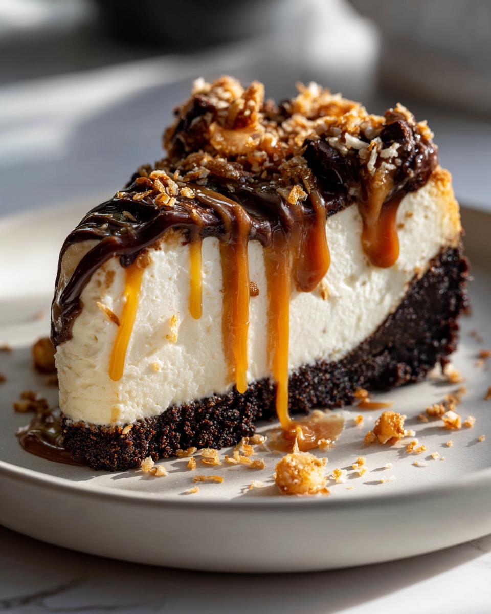 A decadent slice of no-bake Samoa Cheesecake with thick caramel and chocolate drizzle.