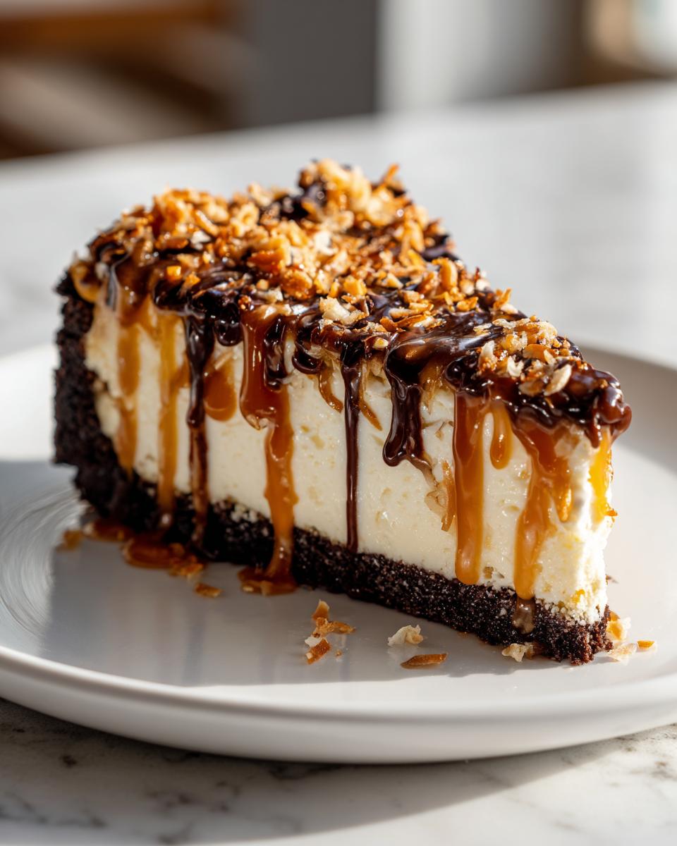 A decadent slice of no-bake Samoa Cheesecake featuring a dark crust, creamy filling, caramel, chocolate drizzle, and toasted coconut.