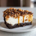 A decadent slice of no-bake Samoa Cheesecake with a chocolate crust, creamy filling, and toasted coconut topping drizzled with caramel and chocolate.