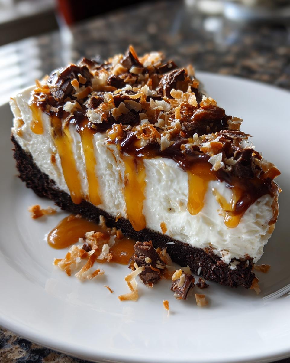 A decadent slice of no-bake Samoa Cheesecake with a thick white filling, chocolate crust, caramel drizzle, and toasted coconut.