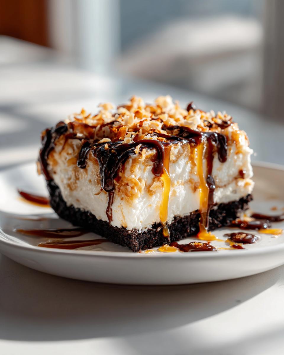 A decadent slice of no-bake Samoa Cheesecake with a dark crust, creamy filling, and caramel/chocolate drizzle.