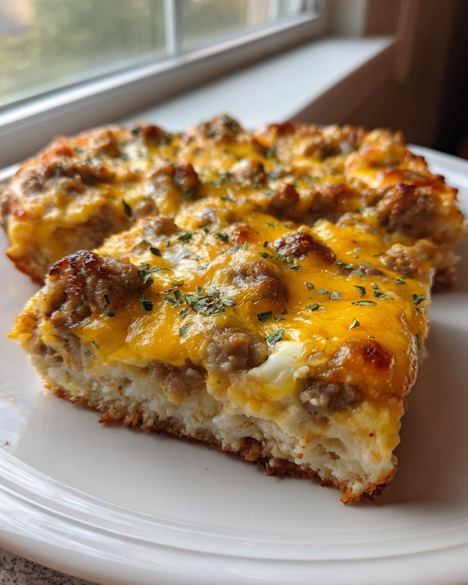 A thick slice of sausage gravy breakfast pizza showing a biscuit-like crust topped with sausage, eggs, and melted cheddar cheese.