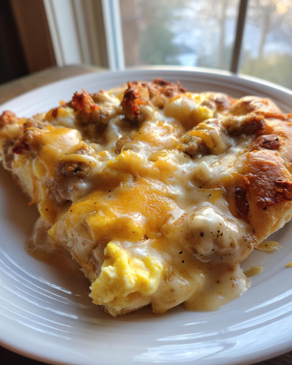 Close-up of a slice of sausage gravy breakfast pizza topped with melted cheese, sausage crumbles, and scrambled eggs.