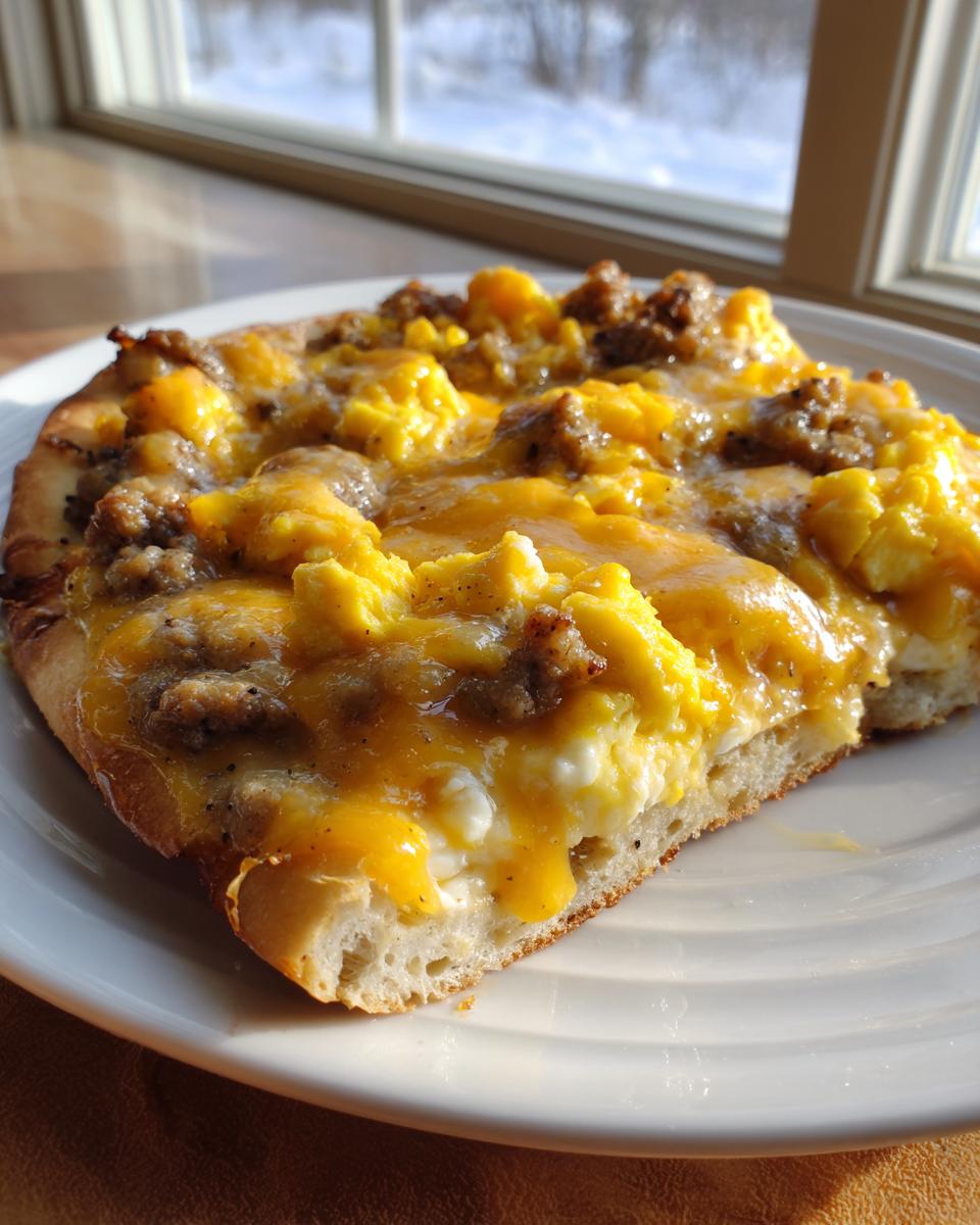 A close-up slice of sausage gravy breakfast pizza topped with scrambled eggs, sausage crumbles, and melted cheddar cheese.