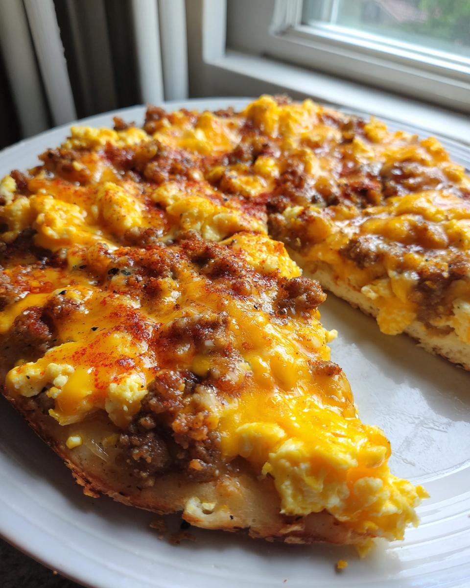 Close-up of a slice of sausage gravy breakfast pizza topped with scrambled eggs, melted cheddar cheese, and paprika.