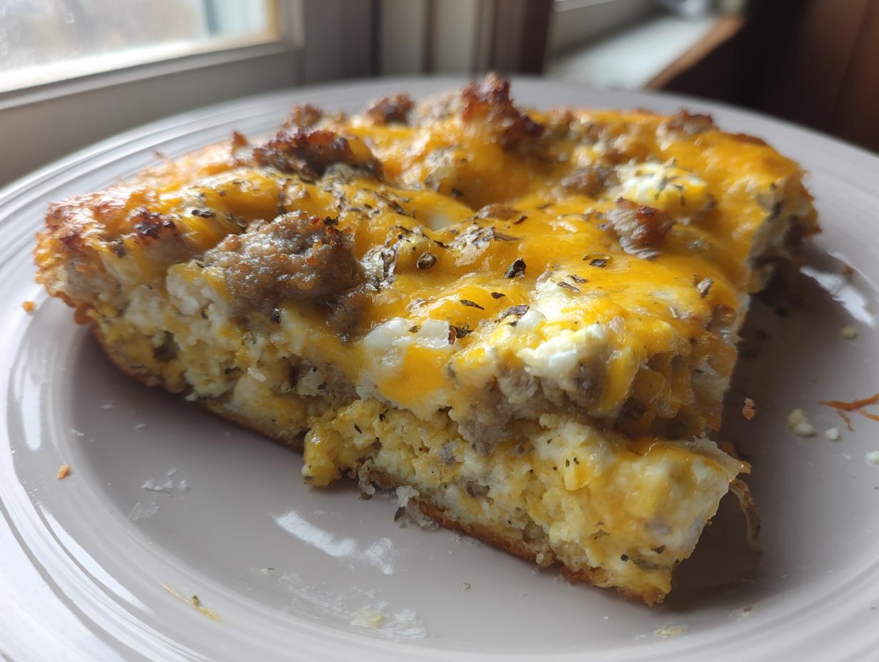 A thick slice of sausage gravy breakfast pizza topped with melted cheddar cheese and herbs on a light plate.