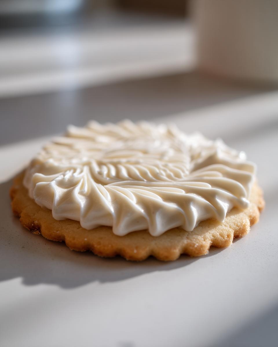 Close-up of a scalloped sugar cookie topped with thick, perfectly piped white sugar cookie icing.