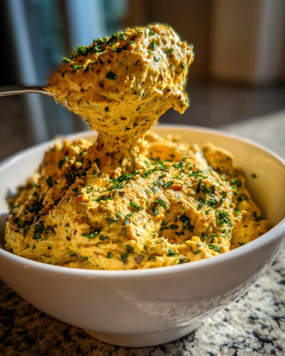 A spoonful of thick, yellow olive dip topped with fresh parsley being lifted from a white bowl.