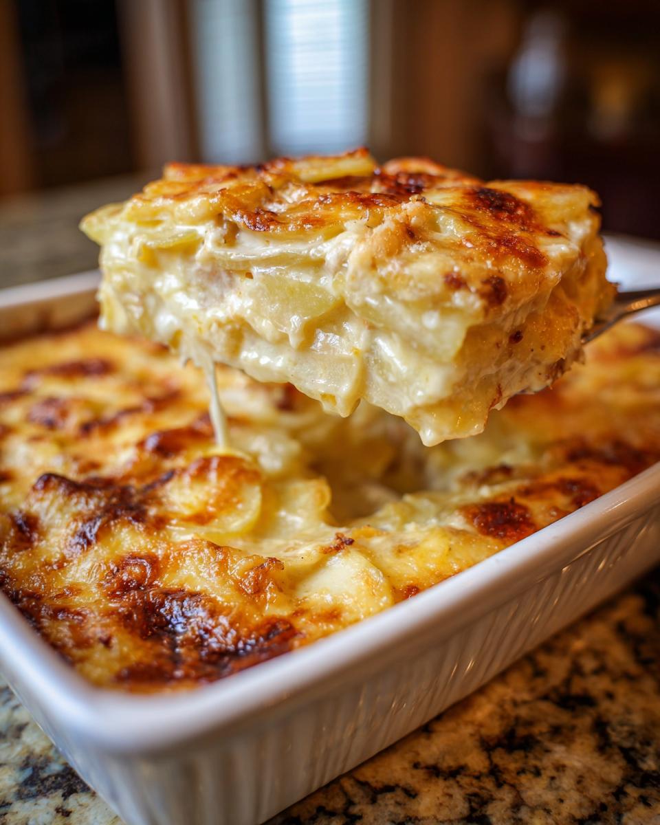 A serving spoon lifts a cheesy, creamy slice from a baking dish of amazing scalloped potatoes recipe.