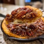 A close-up shot of a gooey slice being lifted from a skillet pecan pie cobbler recipe.