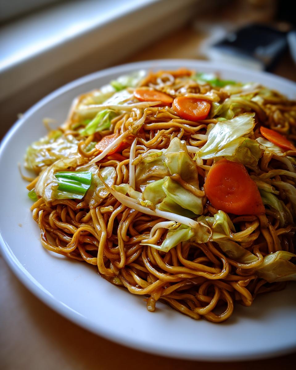 Close-up of a white plate piled high with glossy, saucy fried noodles mixed with cabbage, carrots, and bean sprouts.