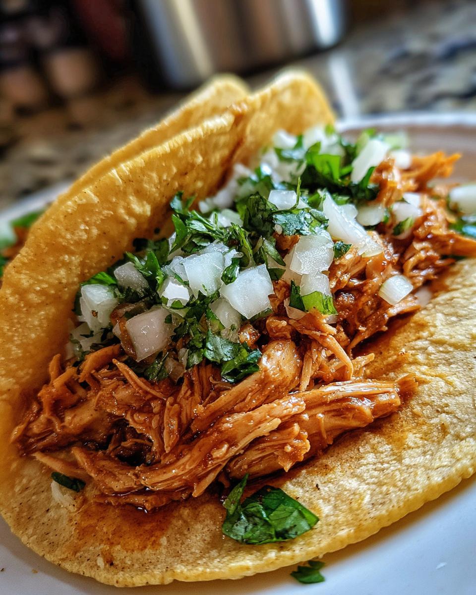Close-up of a delicious, saucy shredded chicken tacos filling topped with fresh diced white onion and cilantro.