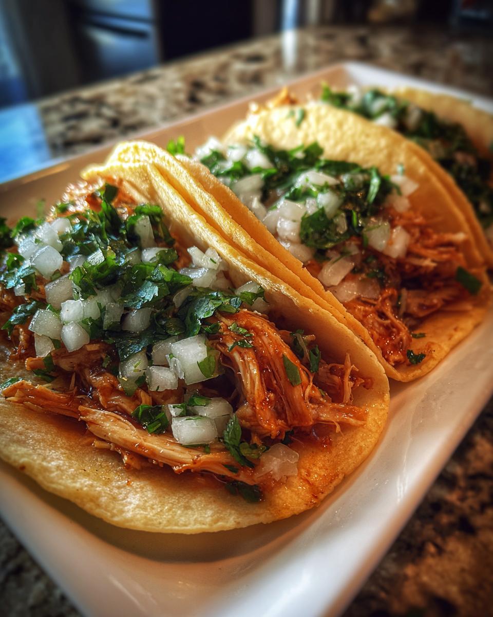 Close-up of three soft corn tortillas filled with shredded chicken, topped with diced white onion and cilantro for amazing chicken tacos.