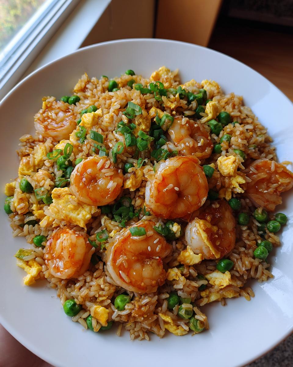 A close-up of a bowl filled with delicious shrimp fried rice recipe, featuring large shrimp, peas, and scrambled egg.
