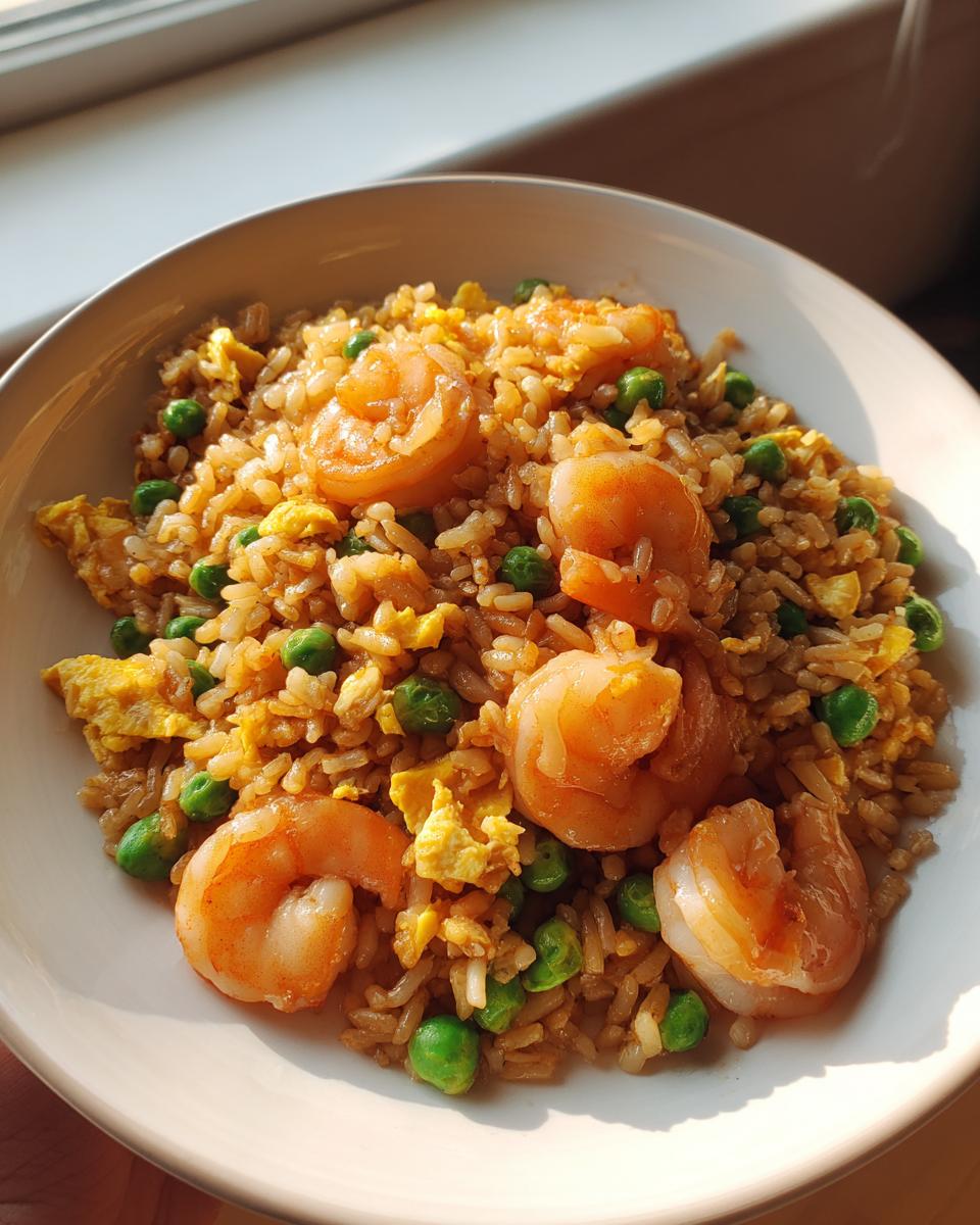 Close-up of a bowl filled with delicious shrimp fried rice recipe, featuring plump shrimp, peas, and scrambled egg.