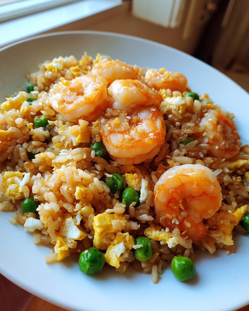 A close-up serving of delicious shrimp fried rice recipe featuring plump shrimp, scrambled eggs, and bright green peas.