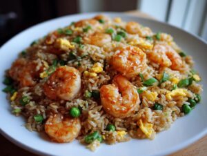 A close-up shot of a generous serving of shrimp fried rice recipe featuring large seasoned shrimp, scrambled egg, and peas.