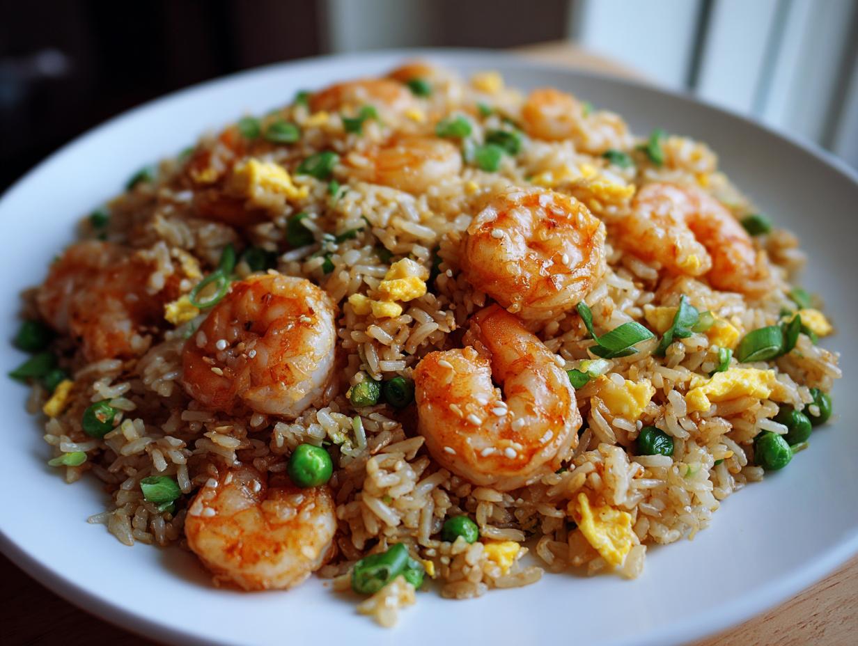 A close-up shot of a generous serving of shrimp fried rice recipe featuring large seasoned shrimp, scrambled egg, and peas.