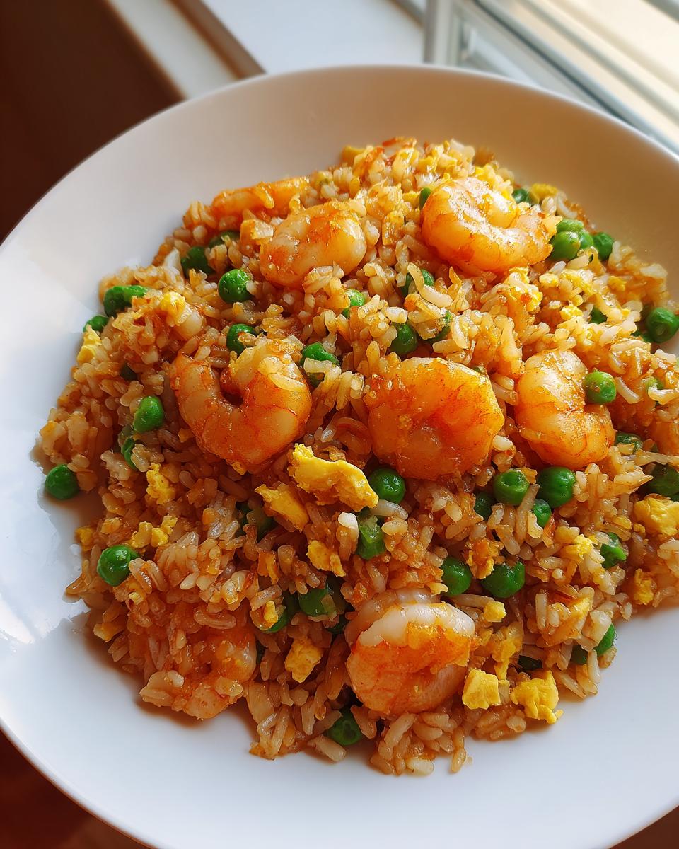 Close-up of a white bowl filled with delicious shrimp fried rice recipe, featuring plump shrimp, peas, and scrambled egg.