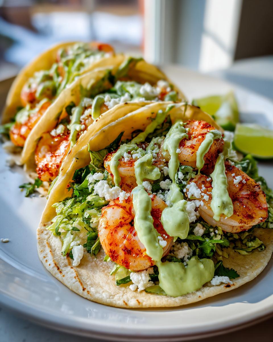 Three perfectly assembled shrimp taco shells filled with seasoned shrimp, shredded lettuce, cotija cheese, and drizzled with green avocado crema.
