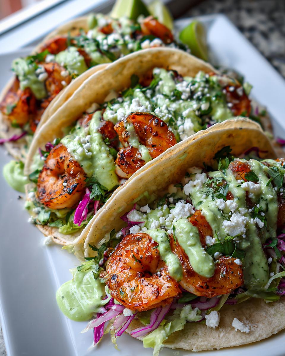 Three loaded shrimp taco shells filled with grilled shrimp, cabbage slaw, cotija cheese, and creamy green sauce.