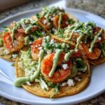 Close-up of three delicious shrimp taco servings topped with seasoned shrimp, cotija cheese, and green sauce.