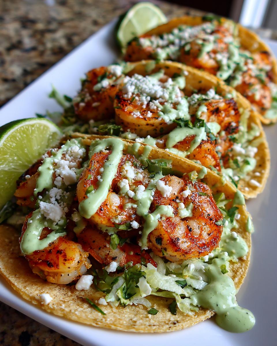 Close-up of three seasoned shrimp taco shells filled with lettuce, topped with white cheese crumbles and a creamy green sauce.