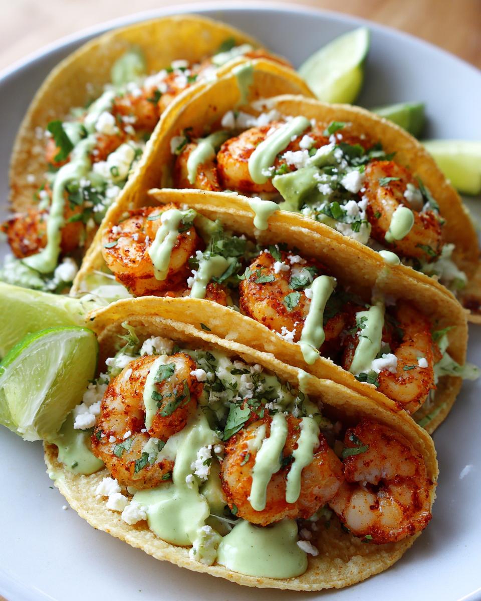 A close-up view of three fully loaded shrimp taco shells filled with seasoned shrimp, cotija cheese, and drizzled with green avocado crema.